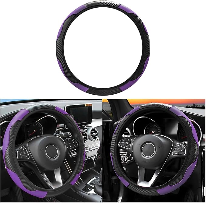 Osilly Car Steering Wheel Cover, 15 inch Carbon Fiber Microfiber PU Leather Elastic Steering Wheel Protector for Men Women, Anti-Slip Breathable Car Interior Accessories for Most Cars (Purple)