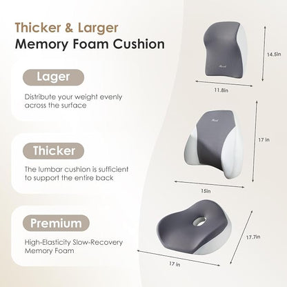 FLORICH Upgraded 3-in-1 Memory Foam Car Seat Cushion Set with Lumbar Support & Neck Pillow, Washable Driving Seat Cushion for Back & Sciatica Pain Relief, Non-Slip Seat Cushion for Car, Office-Gray