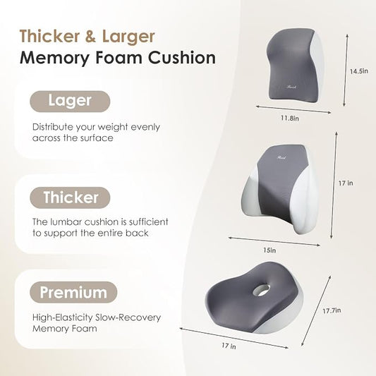 FLORICH Upgraded 3-in-1 Memory Foam Car Seat Cushion Set with Lumbar Support & Neck Pillow, Washable Driving Seat Cushion for Back & Sciatica Pain Relief, Non-Slip Seat Cushion for Car, Office-Gray