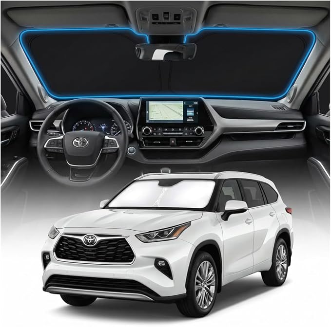 for Toyota Highlander Windshield Sun Shade Cover - Custom Fit Highlander Accessories 2020-2024 2025 2026 Foldable Sunshade UV Protection & Heat Shield Sun Visor Accessories