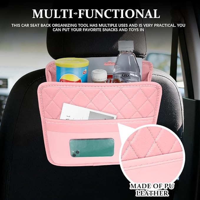 Car Seat Back Organizer, Leather Backseat Hanging Storage Bag, Multipurpose Car Hanging Trash Bag with 2 Compartments, Car Large Capacity Pouch Pocket for Kids & Adults (Pink/Transparent Bag)