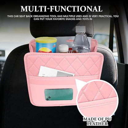 Car Seat Back Organizer, Leather Backseat Hanging Storage Bag, Multipurpose Car Hanging Trash Bag with 2 Compartments, Car Large Capacity Pouch Pocket for Kids & Adults (Pink/Transparent Bag)
