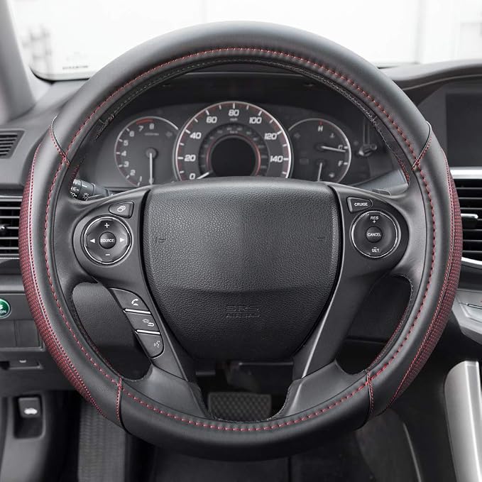 Motor Trend Wine Steering Wheel Cover - Dotted Comfort Polyester Grip on Stitched Synthetic Leather, Wine Stitching/Black