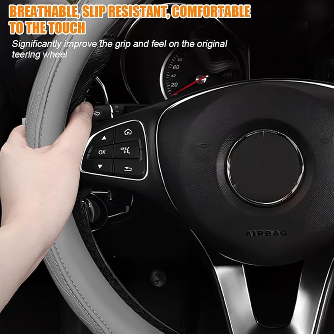 Zpana Car Steering Wheel Cover, 14.5-15" Breathable Soft Leather Vehicle Steering Wheel Protector with Anti-Slip Lining, Comfortable Auto Interior Decoration Accessories, Universal Fit (Gray)