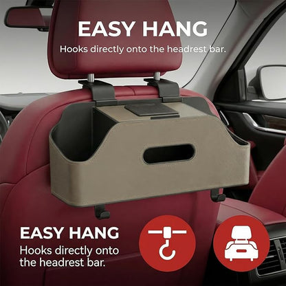 Car Backseat Headrest Organizer, Multifunctional 4-in-1 Back Seat Tissue Box with Cup Holders Hooks, Auto Seat Back Storage Organizer for Hold Phones, Drinks, Bags, Universal Fit (Beige)