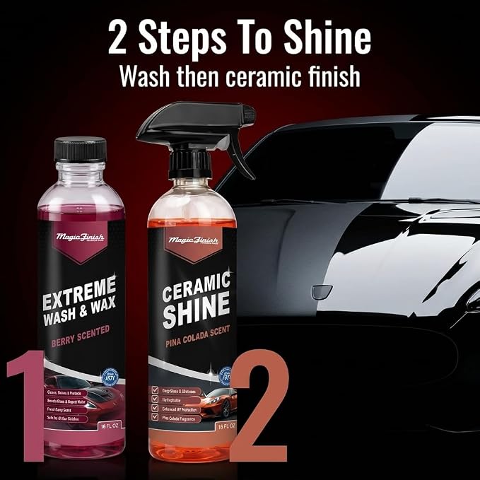 Magic Finish Car Wash & Ceramic Shine Bundle – Extreme Berry Foam Wash + Ceramic Spray Coating – High Gloss, Hydrophobic Protection, Streak-Free Finish, Safe for All Vehicles, 16oz Kit