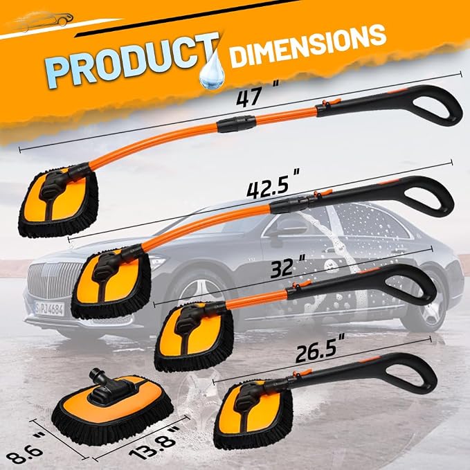Car Wash Brush with Long Handle, Chenille Microfiber Car Wash Mop Kit, Scratch Free Car Cleaning Supplies with Ergonomic 15掳 Curved Extension Pole for RV Truck Boat Windshield - Orange