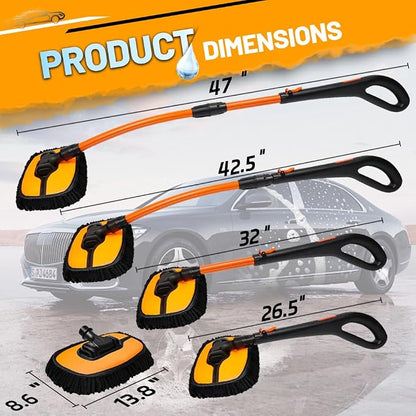 Car Wash Brush with Long Handle, Chenille Microfiber Car Wash Mop Kit, Scratch Free Car Cleaning Supplies with Ergonomic 15掳 Curved Extension Pole for RV Truck Boat Windshield - Orange