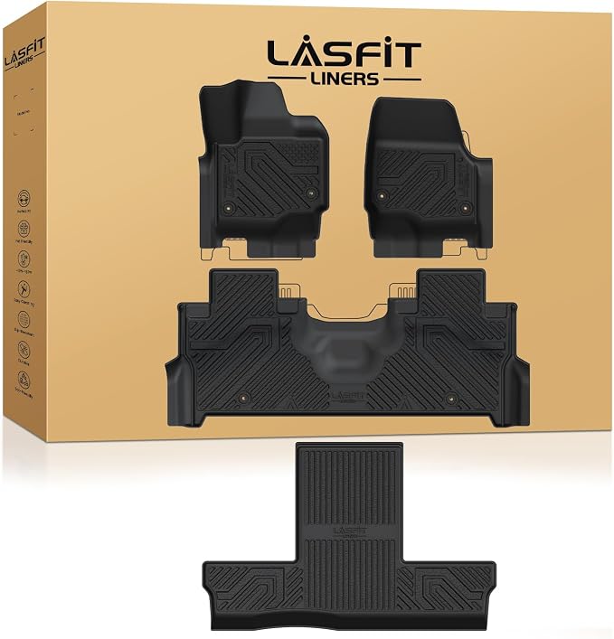 LASFIT Floor Mats for 2025 2026 2027 Ford Expedition 7 Seats Max(Not Fit 8 Seats Standard), All Weather Protector TPE Easy Clean Car Floor Liner, 1st & 2nd & 3rd Row, 4pcs Black