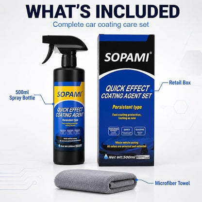 Sopami Car Coating Spray, Quick Effect Coating Agent, Car Scratch Wax Polish Spray Waterless Wash, Quickly Coat Car Wax, Oil Film Emulsion Glass Cleaner with towel for All Car (2 pcs)