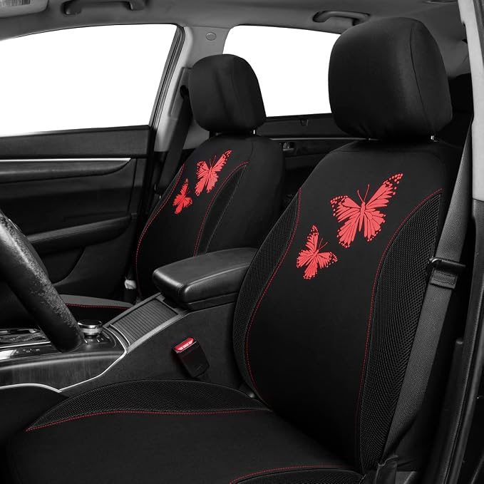 Flying Banner Butterfly car seat Covers ful Set Fashion Universal Lady Woman Female Rear Bench Split Colorized (Full Set, Red Black)