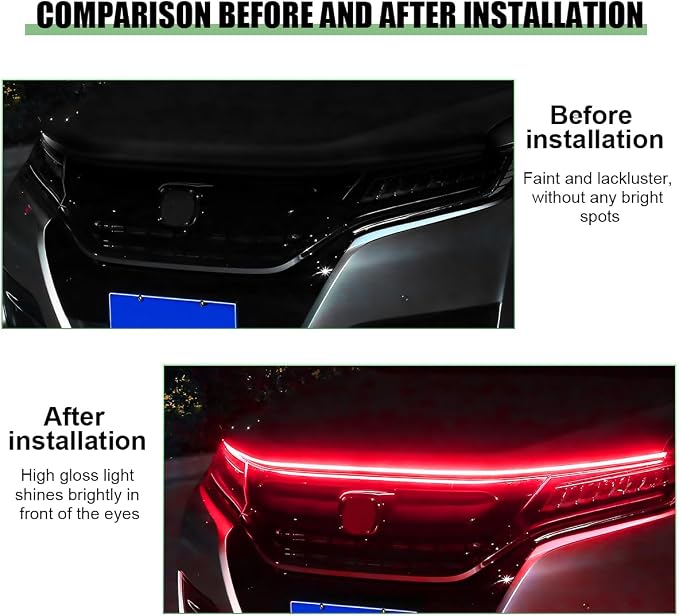 Car Hood Light Strip, 59 Inch Silicone Flexible Daytime Vehicle LED Running Lighting with Dynamic Scan Start Up Effect, Waterproof Auto Exterior Lamp Accessories, Universal Fit (Red)