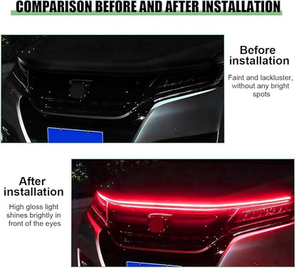 Car Hood Light Strip, 59 Inch Silicone Flexible Daytime Vehicle LED Running Lighting with Dynamic Scan Start Up Effect, Waterproof Auto Exterior Lamp Accessories, Universal Fit (Red)