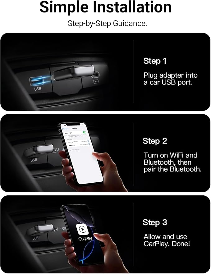 ZUCWO 2-in-1 Mini Wireless CarPlay Adapter for iPhone & Android, Plug and Play, Low Latency, Portable Carplay Adapter Converts Wired to Wireless CarPlay for Car from 2016+