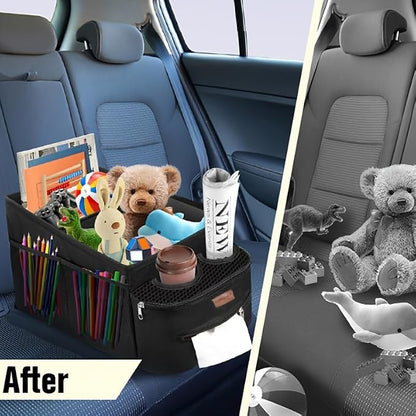 FUNNy elf Car Backseat Organizer for Cars, Collapsible Front Seat Organizer with 4 Cup Holders, Storage Pockets & Dividers, Passenger Seat Organizer for SUV, Truck, Sedan