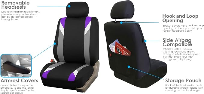 FH Group Front Set Cloth Car Seat Covers for Low Back Car Seats with Removable Headrest, Universal Fit, Airbag Compatible Seat Cover for SUV, Sedan, Van, Purple