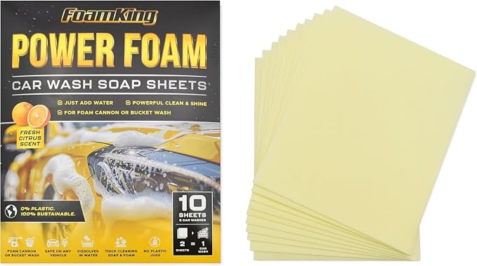 Foam King Car Wash Soap Sheets - 5 Car Washes, No Plastic Bottle, Concentrated Foam Wash Soap - For Foam Cannons, Foam Guns, Bucket Wash. Safe for Cars, Trucks, Motorbikes - 10 Sheets, Citrus Scent