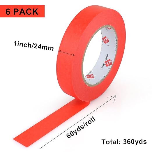 BOMEI PACK Red Painters Tape 1 Inch Bulk - Paint Tape 6 Rolls x 1 Inch x 60 Yards - Painter's Tape Red Masking Tape for Walls Painting, DIY Crafting, Decoration, and School Project, Total 360 Yards