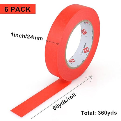 BOMEI PACK Red Painters Tape 1 Inch Bulk - Paint Tape 6 Rolls x 1 Inch x 60 Yards - Painter's Tape Red Masking Tape for Walls Painting, DIY Crafting, Decoration, and School Project, Total 360 Yards