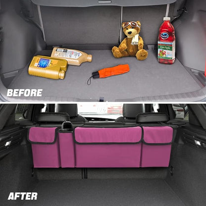 AUCELI Car Trunk Organizer, Backseat Hanging Large Storage with Adjustable Straps, Waterproof Collapsible Cargo Bag with 4 Pockets, Sturdy Space Saver Frees Trunk Floor for SUV, Truck, MPV