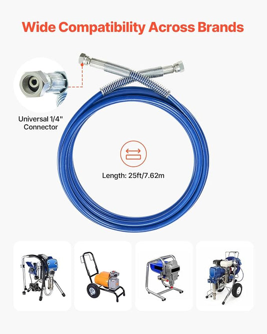 VEVOR 25ft Airless Paint Sprayer Hose, 1/4 in Universal Airless Paint Spray Hose, 4350 PSI High Pressure Flexible Airless Sprayer Hose, Multi-Layer Reinforced Steel Wire Braid Hose for Paint Sprayer