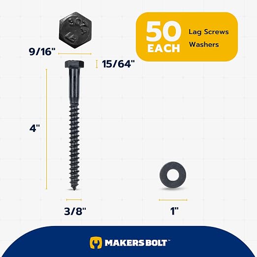 3/8 x 4 (50 Pack) Lag Screw Kit, 50 Screws and 50 Washers, Ceramic Black Ruspert Coating for Exterior Use, Meets ASTM A307 and ASME B18.2.1, Industrial/Commerical Grade by Makers Bolt
