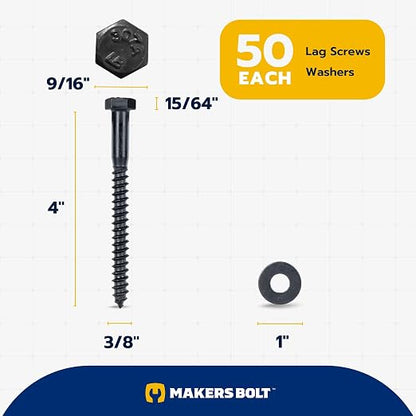 3/8 x 4 (50 Pack) Lag Screw Kit, 50 Screws and 50 Washers, Ceramic Black Ruspert Coating for Exterior Use, Meets ASTM A307 and ASME B18.2.1, Industrial/Commerical Grade by Makers Bolt
