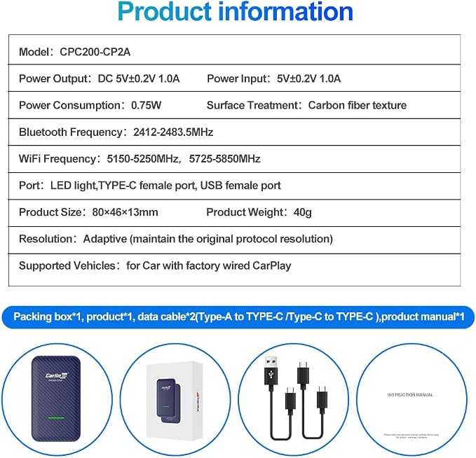 CarlinKit 4.0 CP2A Adapter for Wired CarPlay Car, 2 in 1 Convert Wired CarPlay to Wireless, Wireless Android Auto for Android 10+