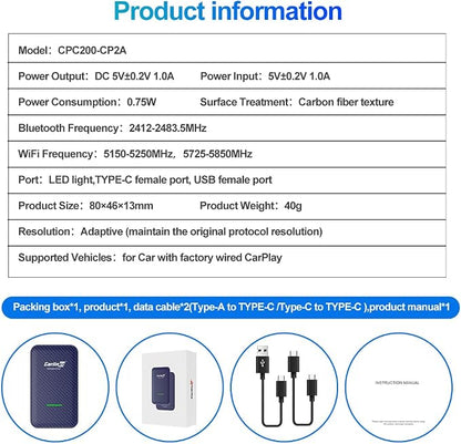 CarlinKit 4.0 CP2A Adapter for Wired CarPlay Car, 2 in 1 Convert Wired CarPlay to Wireless, Wireless Android Auto for Android 10+