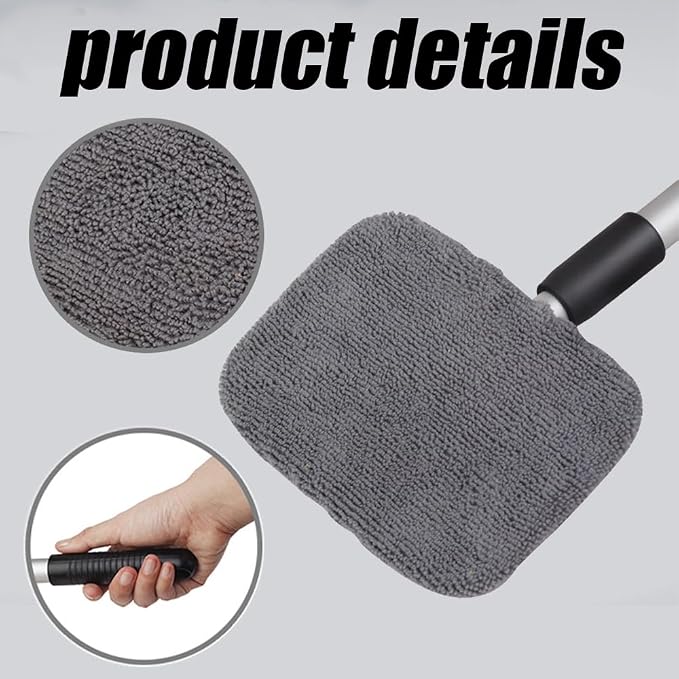Windshield Window Cleaner Tool, Windshied Car Window Cleaner with Extendable Handle, Car Glass Cleaning Brush with Reusable Microfiber Pads(1 Set)