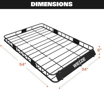 WEIZE 54" x 34" Heavy Duty Roof Rack Basket, 200LBS Universal Rooftop Cargo Basket with Waterproof Bag, Cargo Net & Tie Down Straps, Steel Luggage Holder for Car SUV Truck