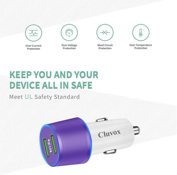 Rapid USB C Car Charger, Compatible for Samsung Galaxy S26/S25 Plus/Ultra/S24/S23/S22/S21/Note 20/S20/S10/S9/A56/A36/A50/A70, Quick Charge 3.0 Dual USB 18W Fast Car Charger+ Type C Cable 3.3ft-Purple
