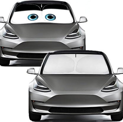Gven Windshield Sun Shade for 2017-2026 Tesla Model Y/Model 3 Sunshade Accessories Foldable Sunshade (Fit 2025-2026 Model Y Juniper / 2024 Model 3 Highland) Blocks UV Rays Keep Car Cool (Black Eyes)