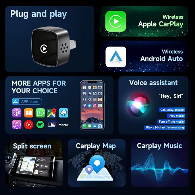 CYBERDRIVE Mini Wireless CarPlay Adapter Wired to Wireless for CarPlay & Android Auto Plug and Play Fast Auto-Reconnect Stable Control Zero Delay Carplay Wireless Adapter (Small Size)