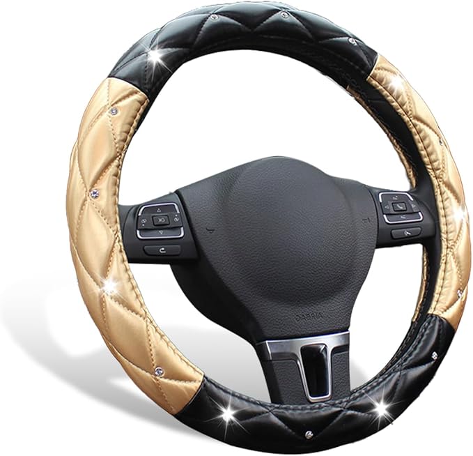 SuperKaKa Black and Gold Steering Wheel Cover, Auto Cute Diamond Bling Soft Comfort Leather Car Interior Accessories Protector Sparkly Fit Most O-Shaped Steering Wheels