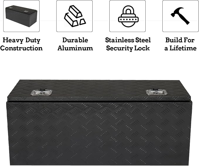 42“L x 17" W x 18" H Aluminum Underbody Truck Toolbox with Lock | Waterproof Square Truck Storage Organizer Chest for Pick Up Truck Bed, RV Trailer,Black,Tool Box with Lock
