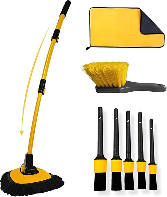 YeewayVeh Car Wash Kit, Extendable Car Wash Brush Mop with Long Handle, 5pcs Detailing Brush, 1pc Wheel Brush and Microfiber Towel Car Cleaning Kit Supplies Accessories, Ginger