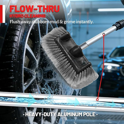 65" Flow-Thru Car Wash Brush with Pole, Grey, 4-Head Kit | Grey soft bristle brush with 3 extra detail brushes (tire scrubber & 2 stiff). 4-head heavy duty truck wash kit with bag.