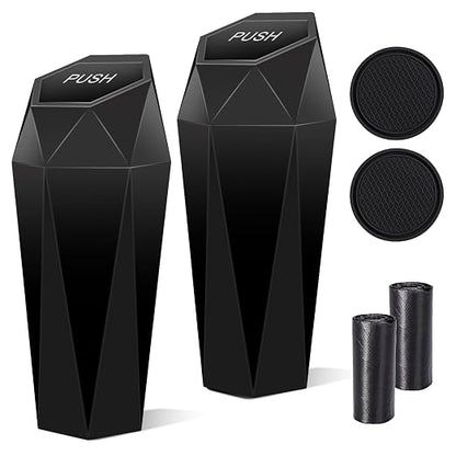 Car Trash Can with Lid, 2 Packs Diamond Design Mini Cup Holder Trash Can for Car, Office, Home Use, Black