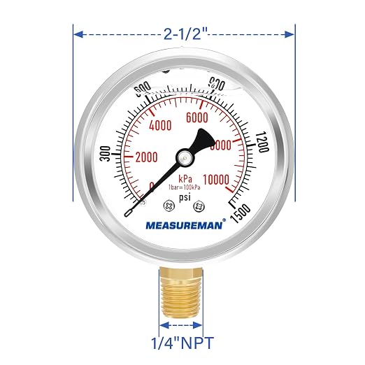 MEASUREMAN 2-1/2" Dial Size, Glycerin Filled Pressure Gauge, 0-1500psi/kpa, 304 Stainless Steel Case, 1/4" NPT Lower Mount