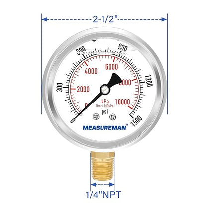 MEASUREMAN 2-1/2" Dial Size, Glycerin Filled Pressure Gauge, 0-1500psi/kpa, 304 Stainless Steel Case, 1/4" NPT Lower Mount