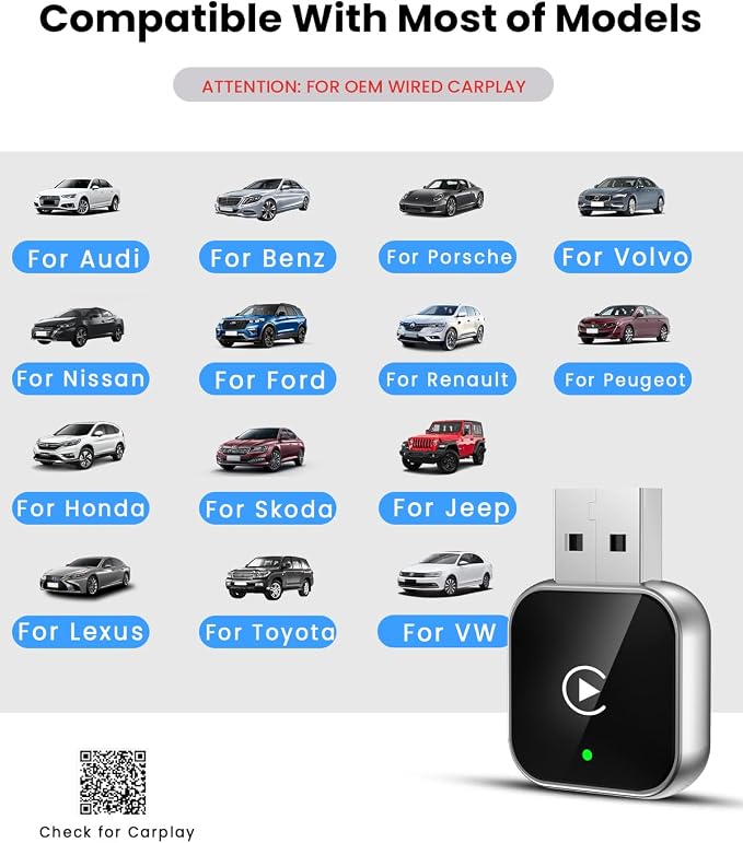 Wireless CarPlay Adapter for iPhone Wired Carplay to Wireless，Mini USB Design for Cars Automatic Connection 5.4WIFI Plug &Play for 2016+ Car