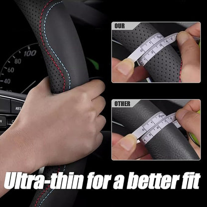 LKWLIKEI Nappa Premium Leather car Steering Wheel Cover, Non-Slip, Breathable, Universal 15 inches,Black and red Blue line