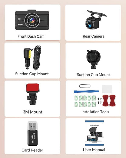 Dash Cam Front and Rear, 4K Full HD Dual Dash Camera for Cars W/ 64GB Card Included, Built-in 5G WiFi, Car Camera Dashcams for Cars with Night Vision, Parking Monitor, WDR, Emergency Lock