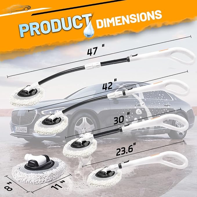 Car Wash Brush with Long Handle, Chenille Microfiber Car Wash Mop Kit, Scratch Free Car Cleaning Supplies with Ergonomic 15掳 Curved Extension Pole for RV Truck Boat Windshield - White