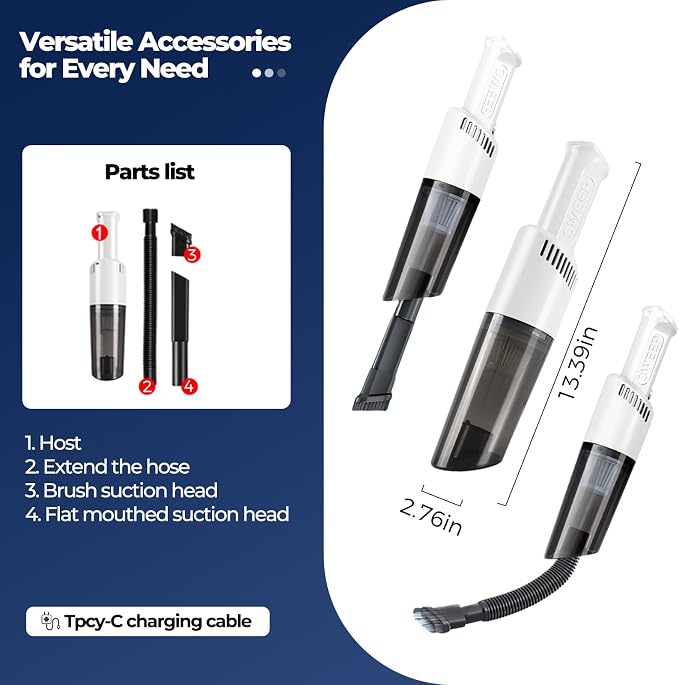 Handheld Vacuum Cleaner Cordless, Lightweight 1.5 lb, 3600Pa Suction, 50W Motor, Type-C Rechargeable, Bagless HEPA Filter, 20 Min Runtime for Car, Sofa, Home, Pet Hair（White）
