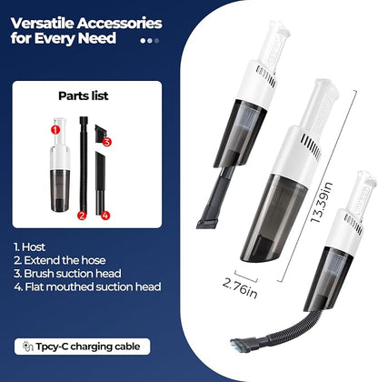 Handheld Vacuum Cleaner Cordless, Lightweight 1.5 lb, 3600Pa Suction, 50W Motor, Type-C Rechargeable, Bagless HEPA Filter, 20 Min Runtime for Car, Sofa, Home, Pet Hair（White）