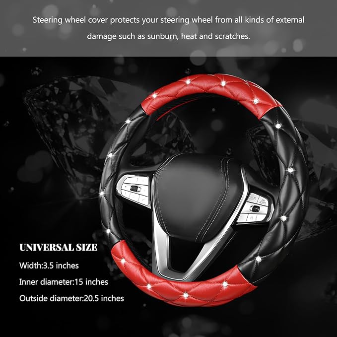 Bling Car Steering Wheel Cover, 15 Inch Diamond Leather Anti-Slip Auto Steering Wheel Protector, Cute Sparkly Rhinestones Wheels Cover Automotive Decoration for Women Girl (Black & Red)