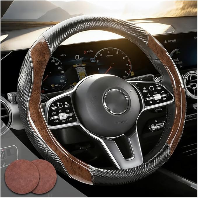 Wood Grain Steering Wheel Cover Carbon Car Steering Wheel Covers 14 1/2-15 inch with Coasters Microfiber Leather Splicing Breathable Anti-Slip Durable Universal Steering Wheel Protective