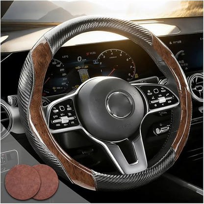 Wood Grain Steering Wheel Cover Carbon Car Steering Wheel Covers 14 1/2-15 inch with Coasters Microfiber Leather Splicing Breathable Anti-Slip Durable Universal Steering Wheel Protective